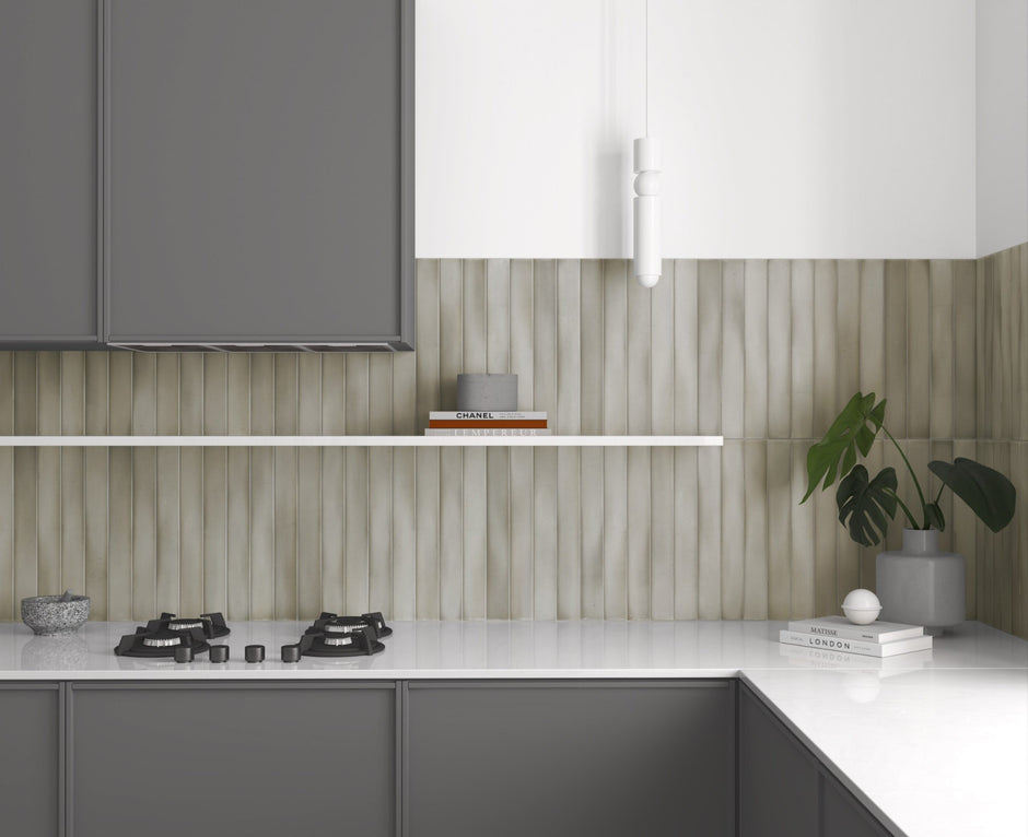 Massimo Skylon Grey Satin Ceramic Subway Tiles in a room setting