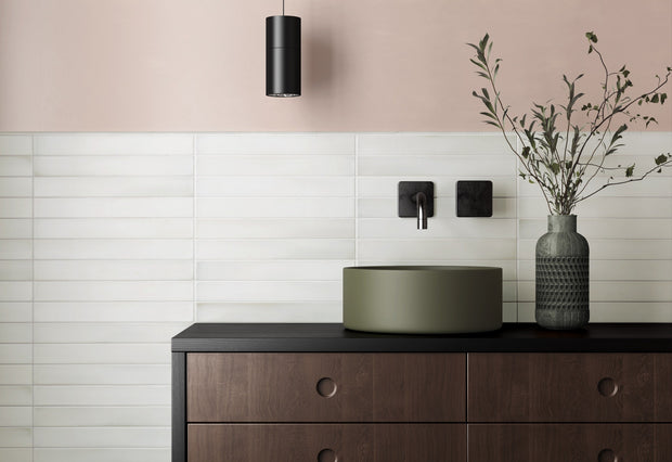 Massimo White Satin Ceramic Subway Tiles in a room setting