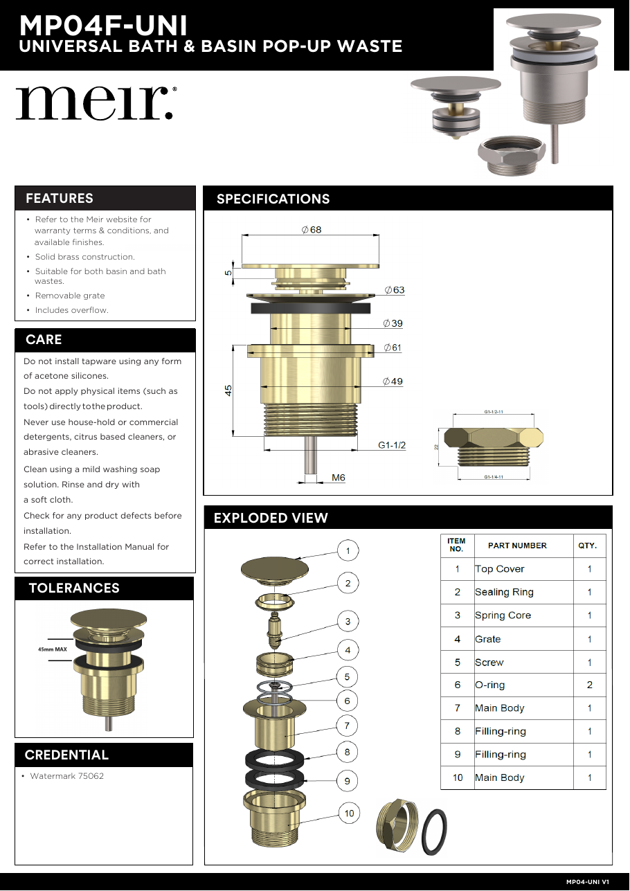 Meir specification sheet