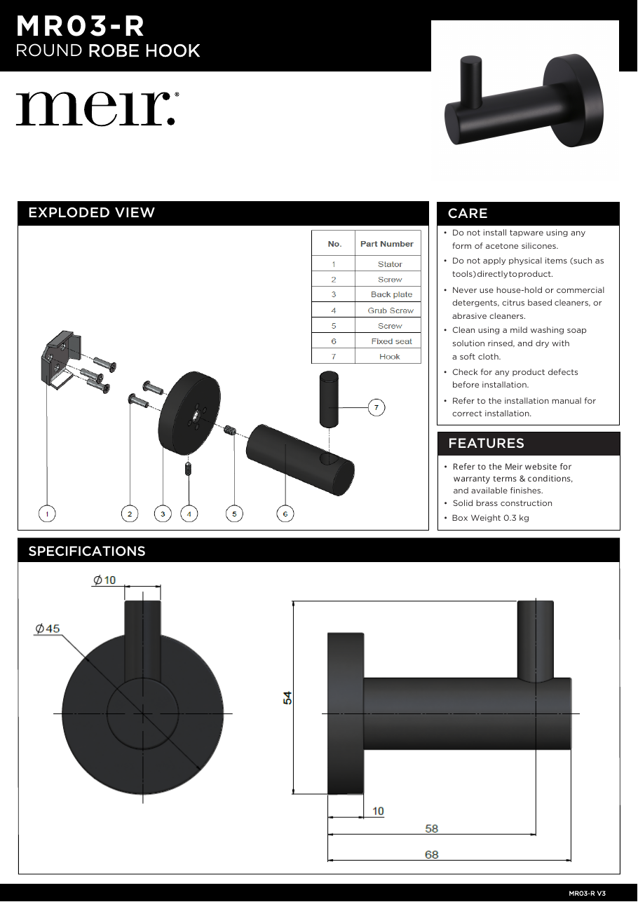 Meir specification sheet