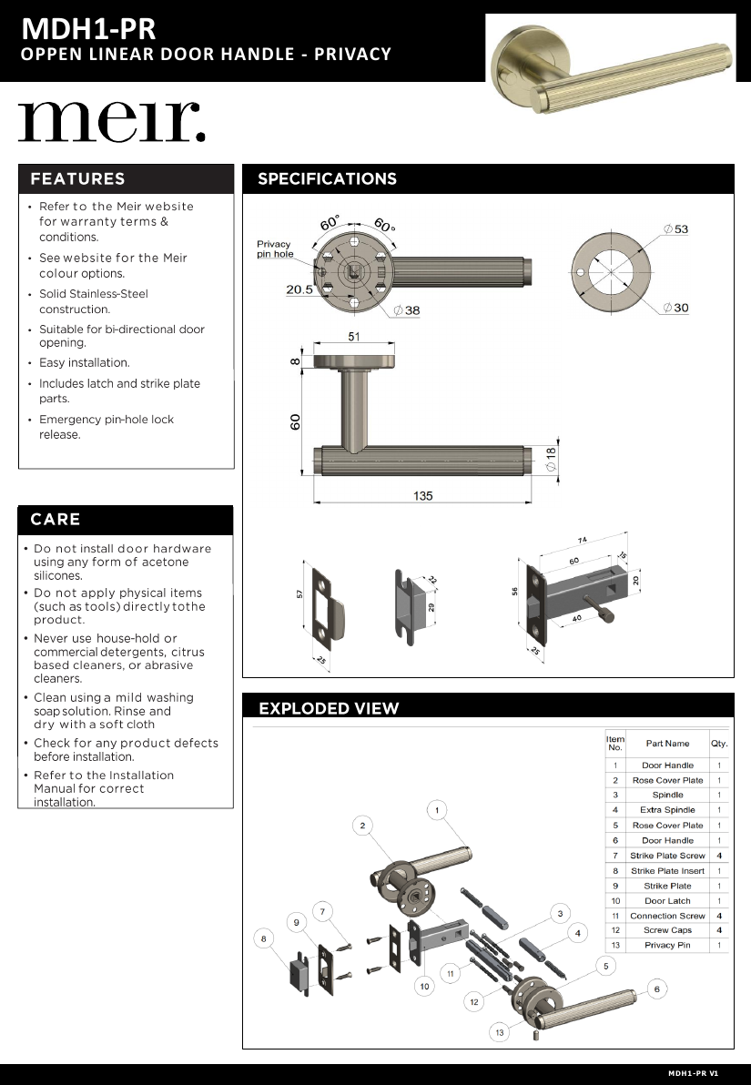 Meir specification sheet