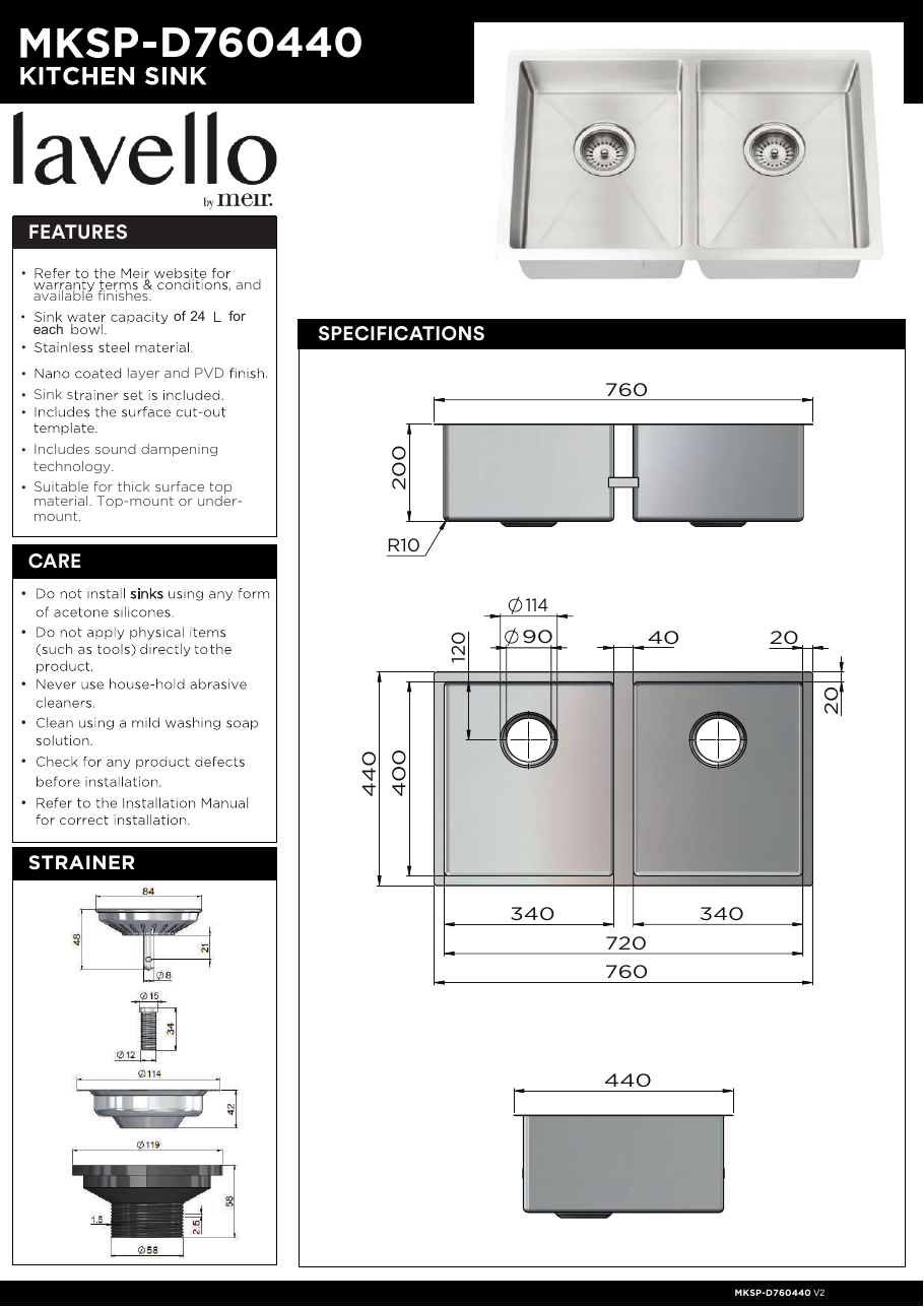 Meir Lavello Kitchen Sink, Double Bowl 760 x 440