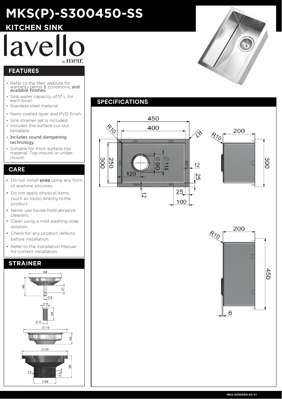 Meir Lavello Laundry Sink, 300x450, Stainless Steel laundry tub