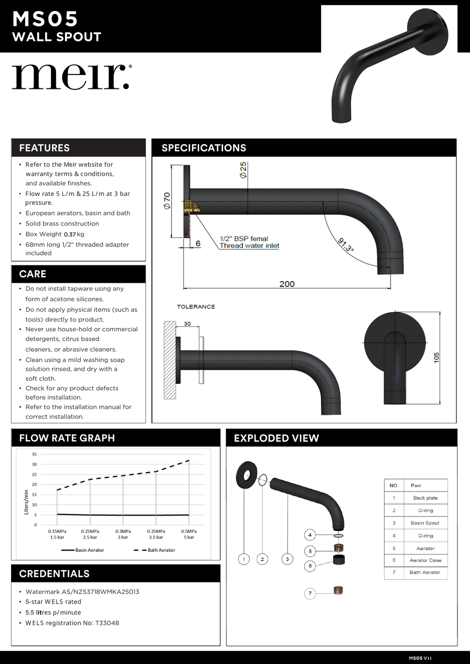 Universal Round Curved Spout specification sheet
