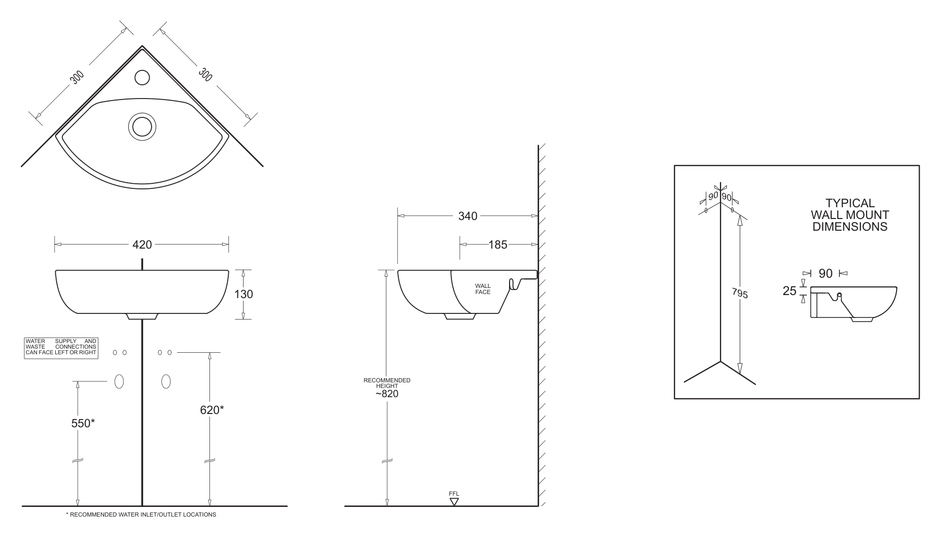 Milano Compact Corner Basin 300 x 300 dimensions line drawing