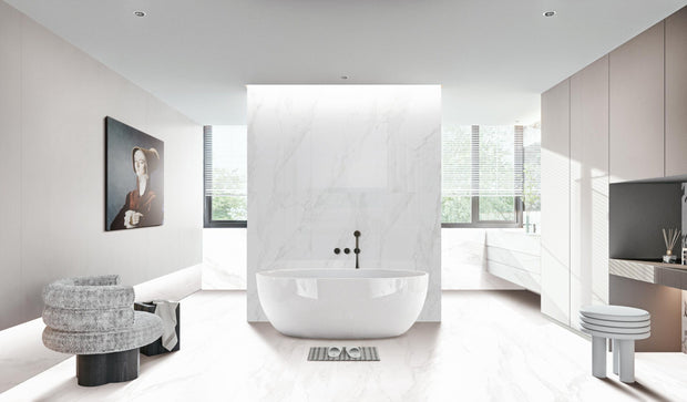 Misona White Polished Marble Look Porcelain Tiles in a room setting