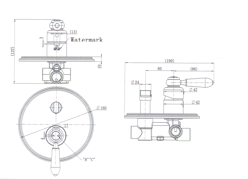 Bordeaux Shower Diverter Mixer line drawing