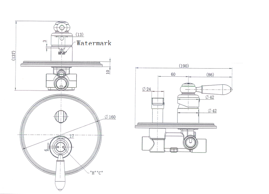 Bordeaux Shower Diverter Mixer line drawing