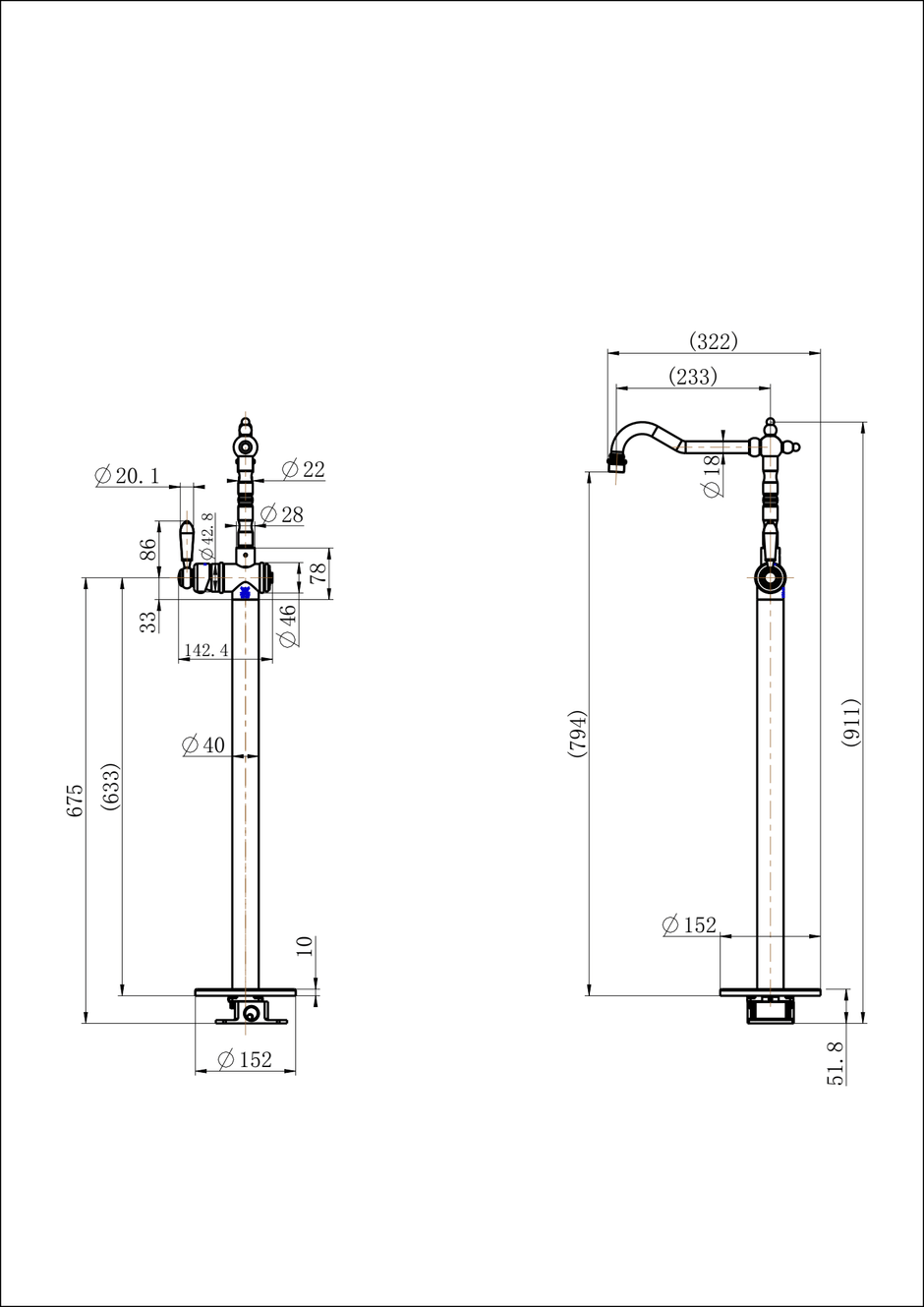 Bordeaux Freestanding Bath Mixer line drawing