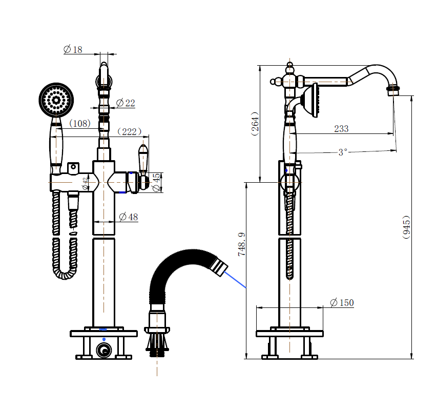 Modern National Bordeaux Freestanding Bath Mixer with Hand Shower line drawing