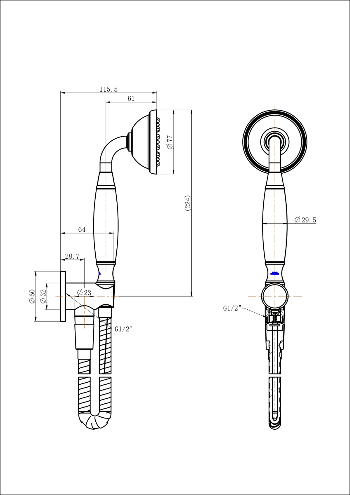 Bordeaux Hand Shower On Bracket line drawing