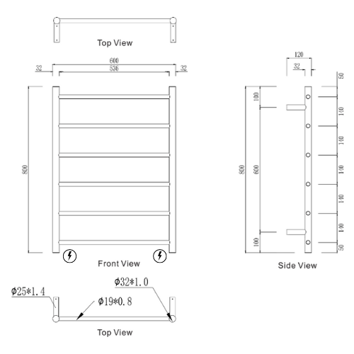 Mirage 6 Bar Heated Towel Rail line drawing