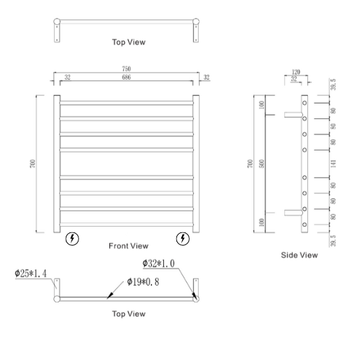 Mirage 8 Bar Wide Heated Towel Rail line drawing