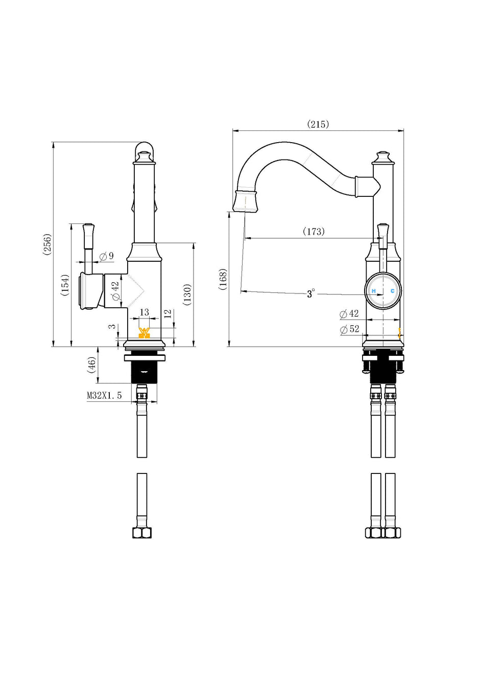 Montpellier Shepherd's Crook High Rise Basin Mixer line drawing