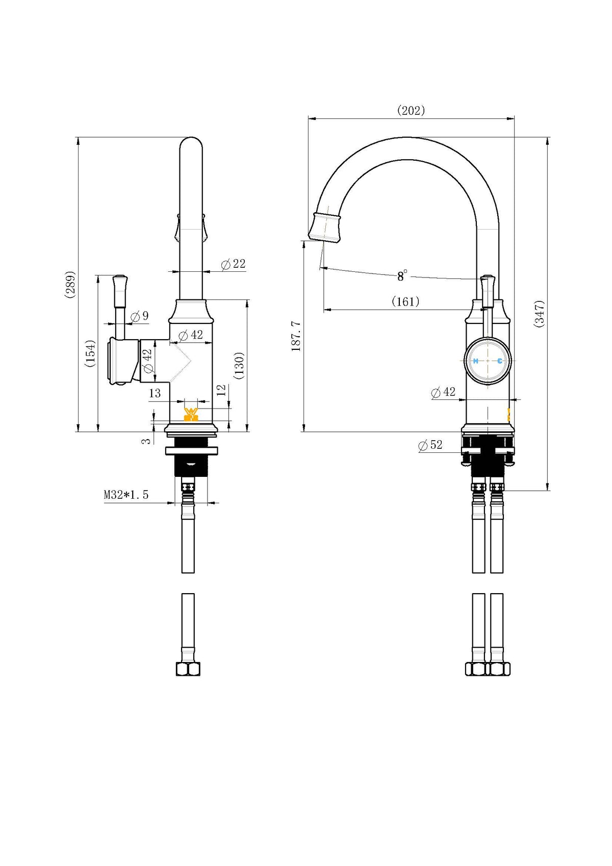 Montpellier Gooseneck High Rise Basin Mixer line drawing