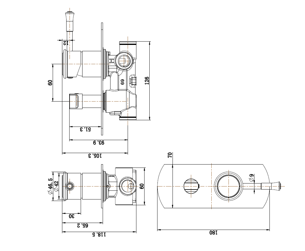 Montpellier Shower Diverter Mixer line drawing