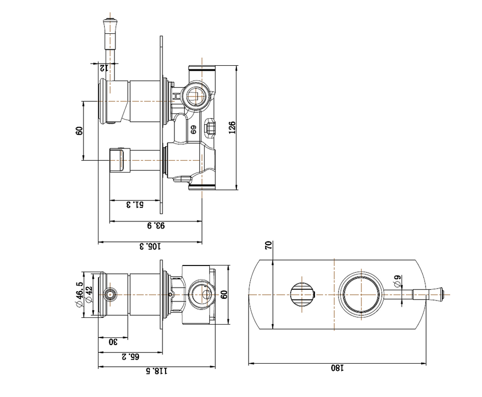 Montpellier Shower Diverter Mixer line drawing