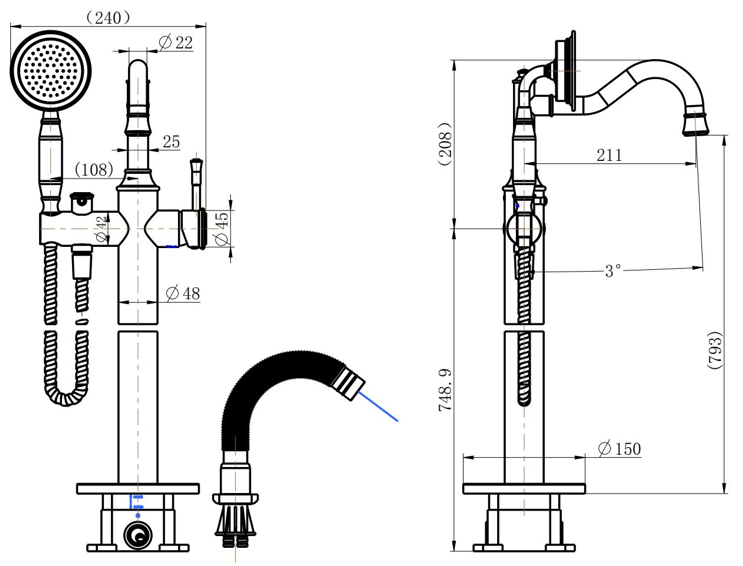 Montpellier Freestanding Bath Mixer with Hand Shower line drawing