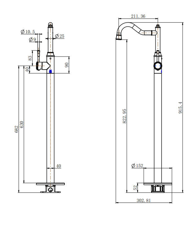 Montpellier Freestanding Bath Mixer line drawing
