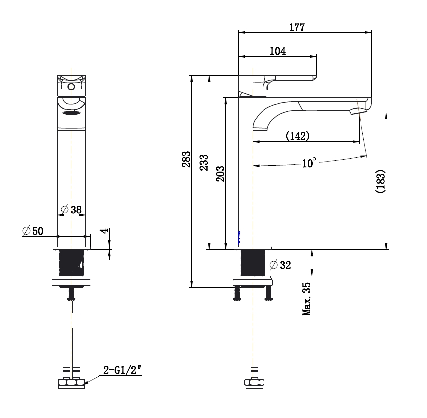 Nova Mid Rise Basin Mixer line drawing