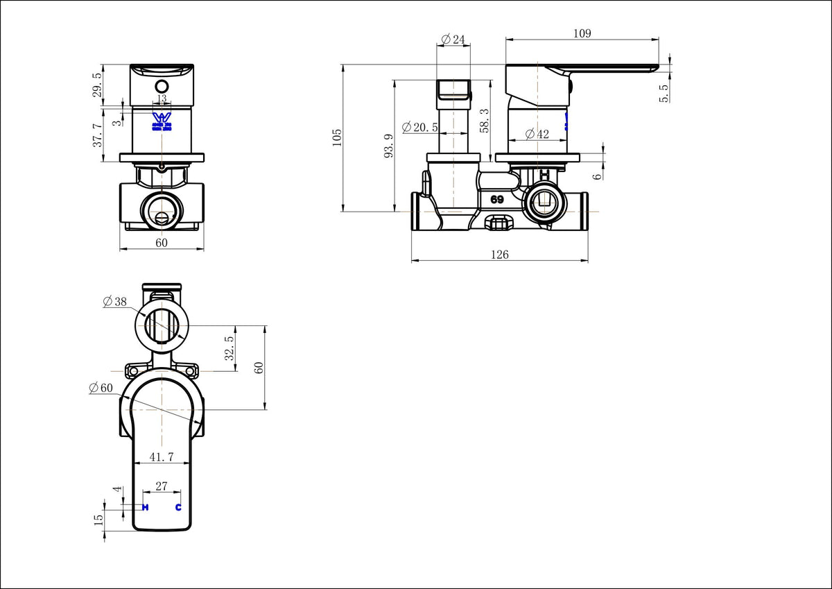 Nova Shower Diverter line drawing