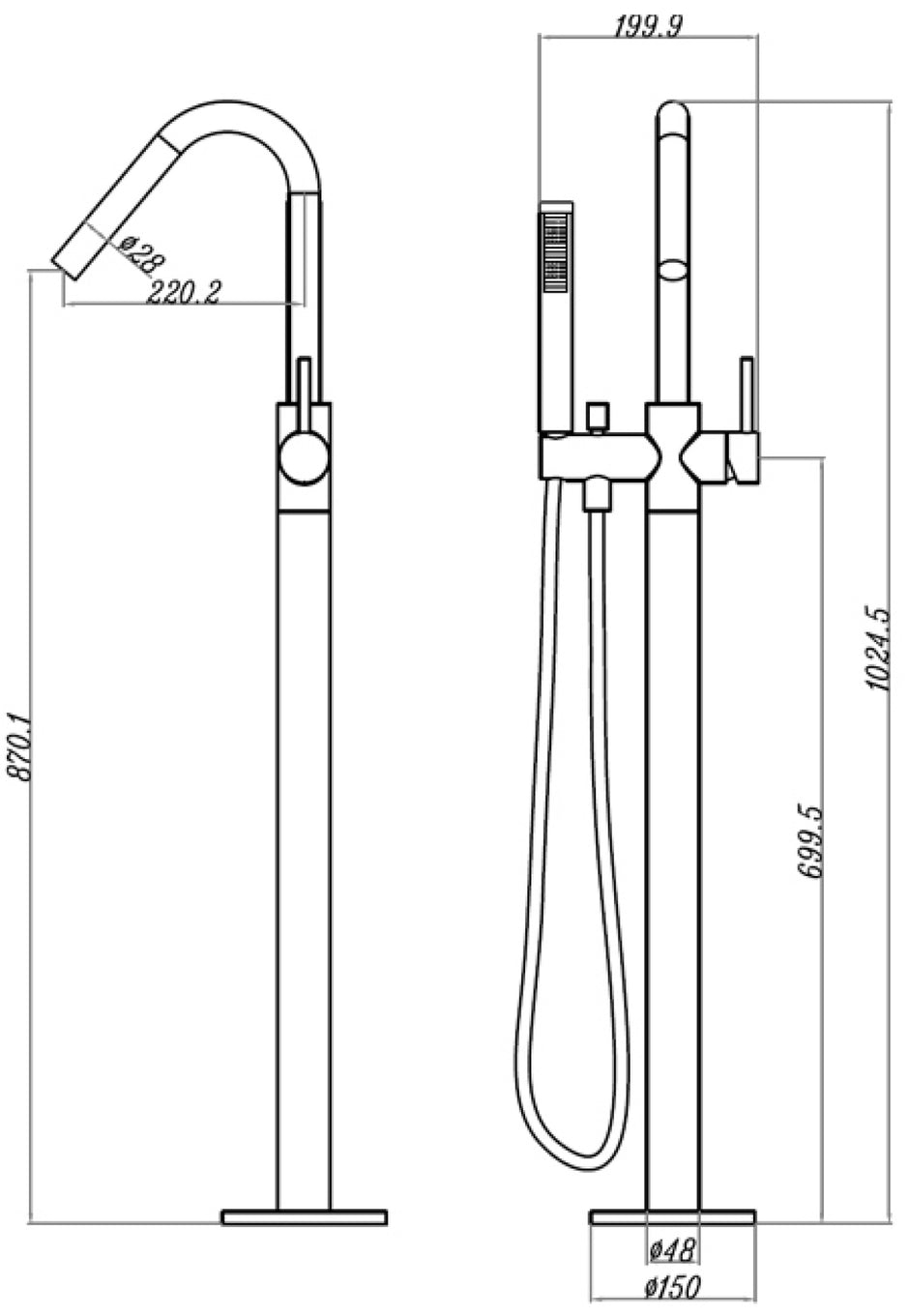 Star Freestanding Bath Mixer With Hand Shower line drawing