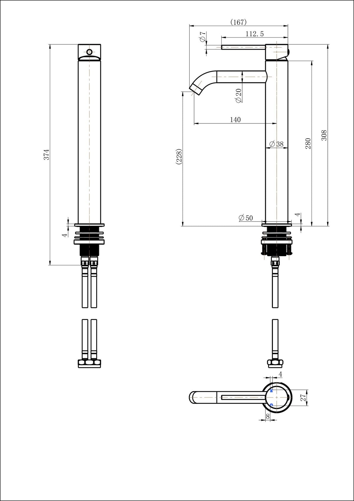 Star Mini High Rise Basin Mixer Curved Spout line drawing