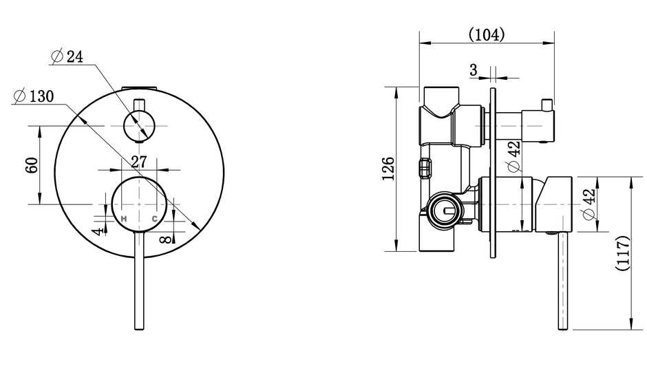 Star Mini Shower Diverter Mixer line drawing