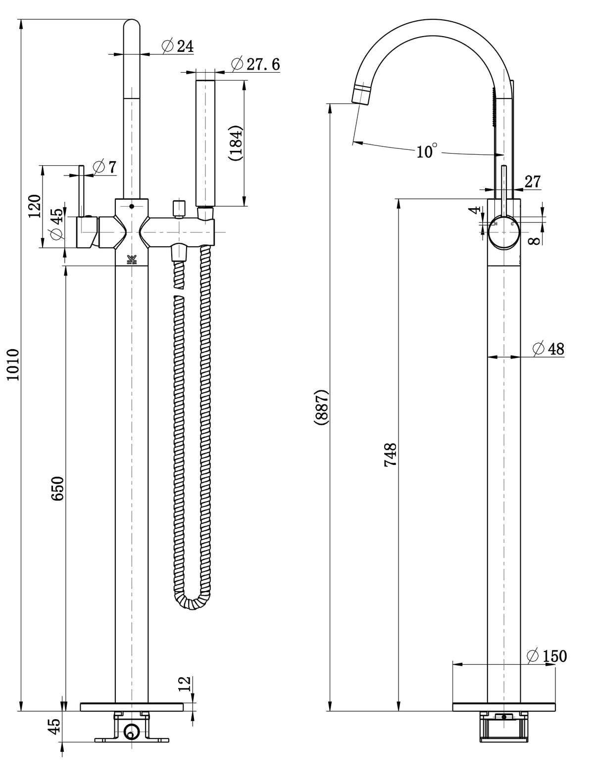 Star Mini Freestanding Bath Mixer With Hand Shower line drawing