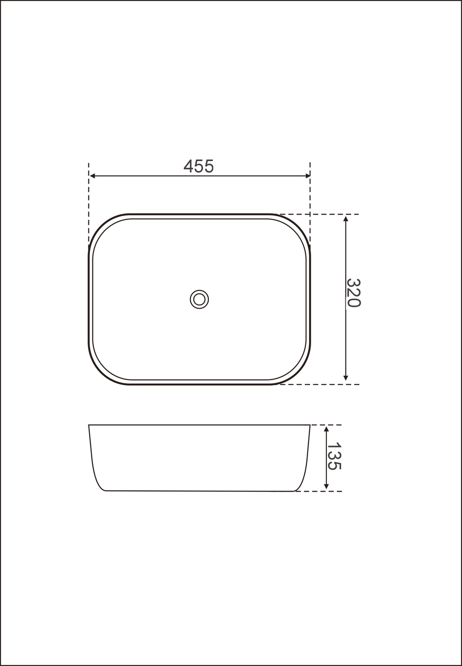 Navona Rectangle Above Counter Ceramic Basin 455 x 320 x 135mm technical drawing