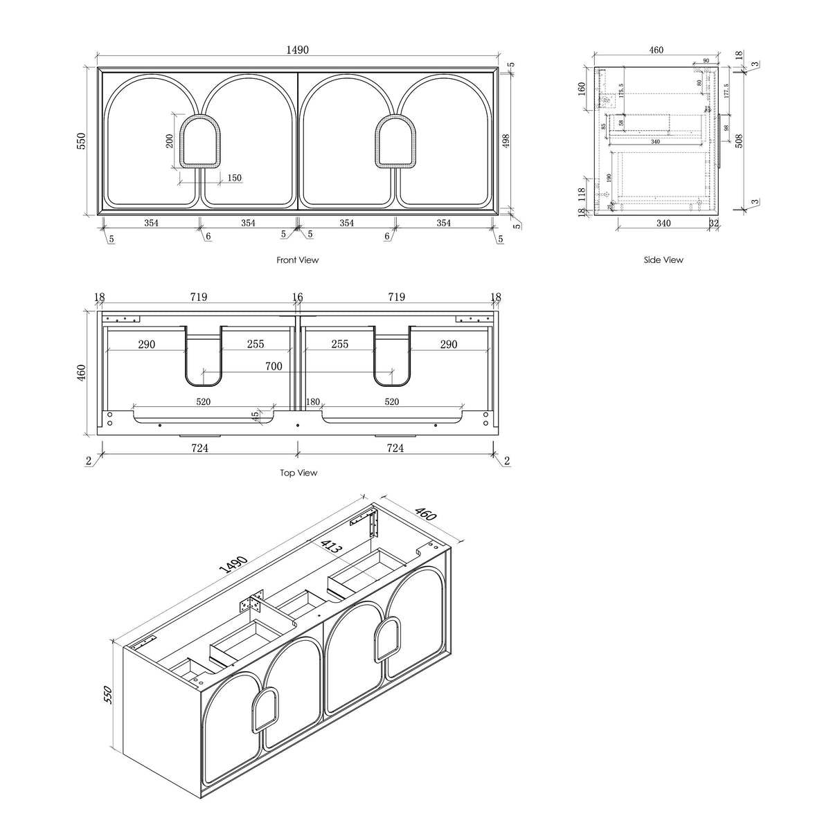 Laguna 1500mm Black American Oak Wall Hung Vanity technical drawing