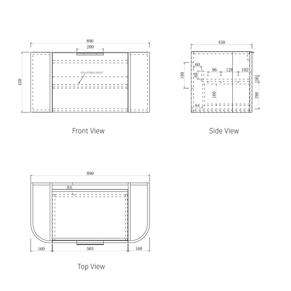 Bondi 900mm Woodland Oak Fluted Curve Vanity technical drawing