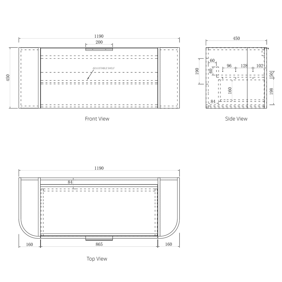 Bondi 1200mm Woodland Oak Fluted Curve Vanity technical drawing