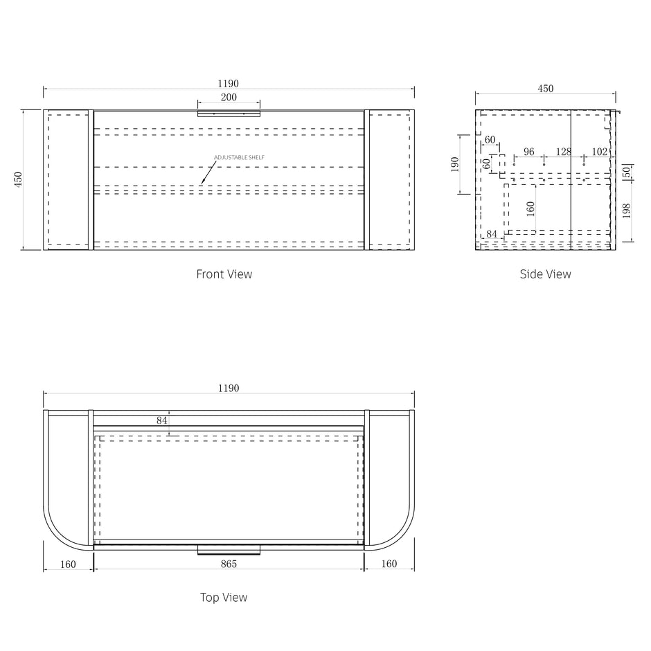 Bondi 1200mm Woodland Oak Fluted Curve Vanity technical drawing