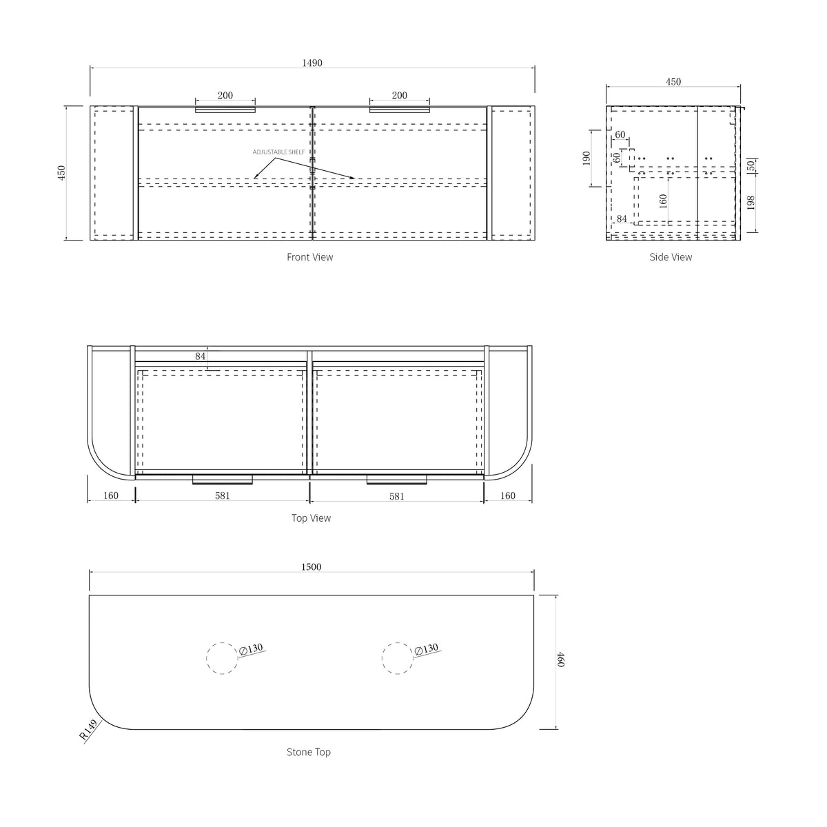 Bondi 1500mm Woodland Oak Fluted Curve Vanity technical drawing