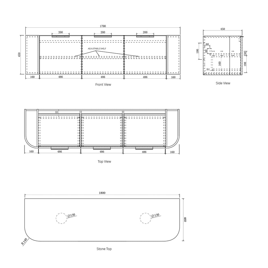 Bondi 1800mm Woodland Oak Fluted Curve Vanity technical drawing
