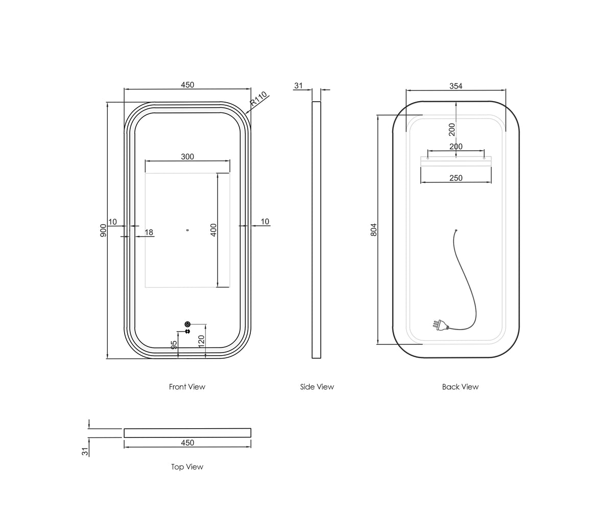Otti LED Newport 900(H)x450(W) Black Metal Frame Tuffi Mirror Soft Square technical drawing