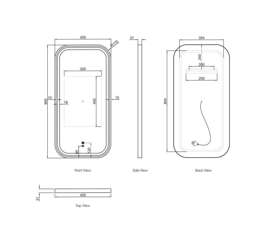 Otti LED Newport 900(H)x450(W) Black Metal Frame Tuffi Mirror Soft Square technical drawing