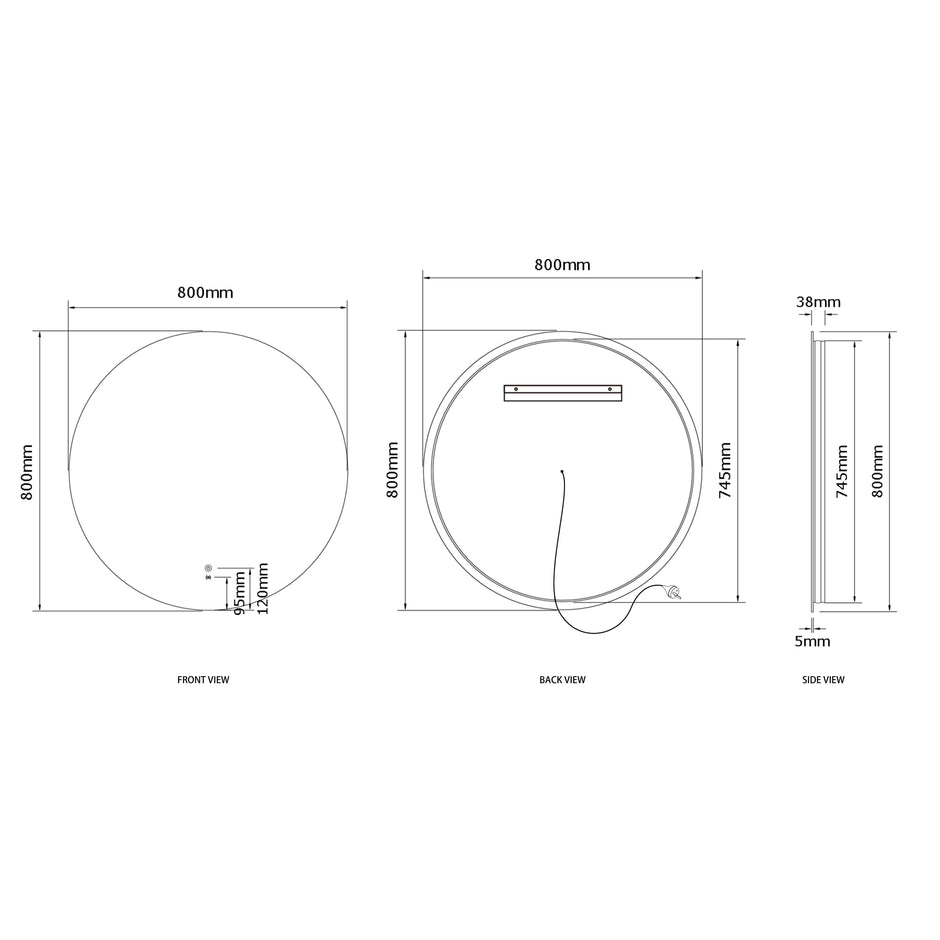 LED Bondi 800mm Frameless Tuffi Mirror technical drawing