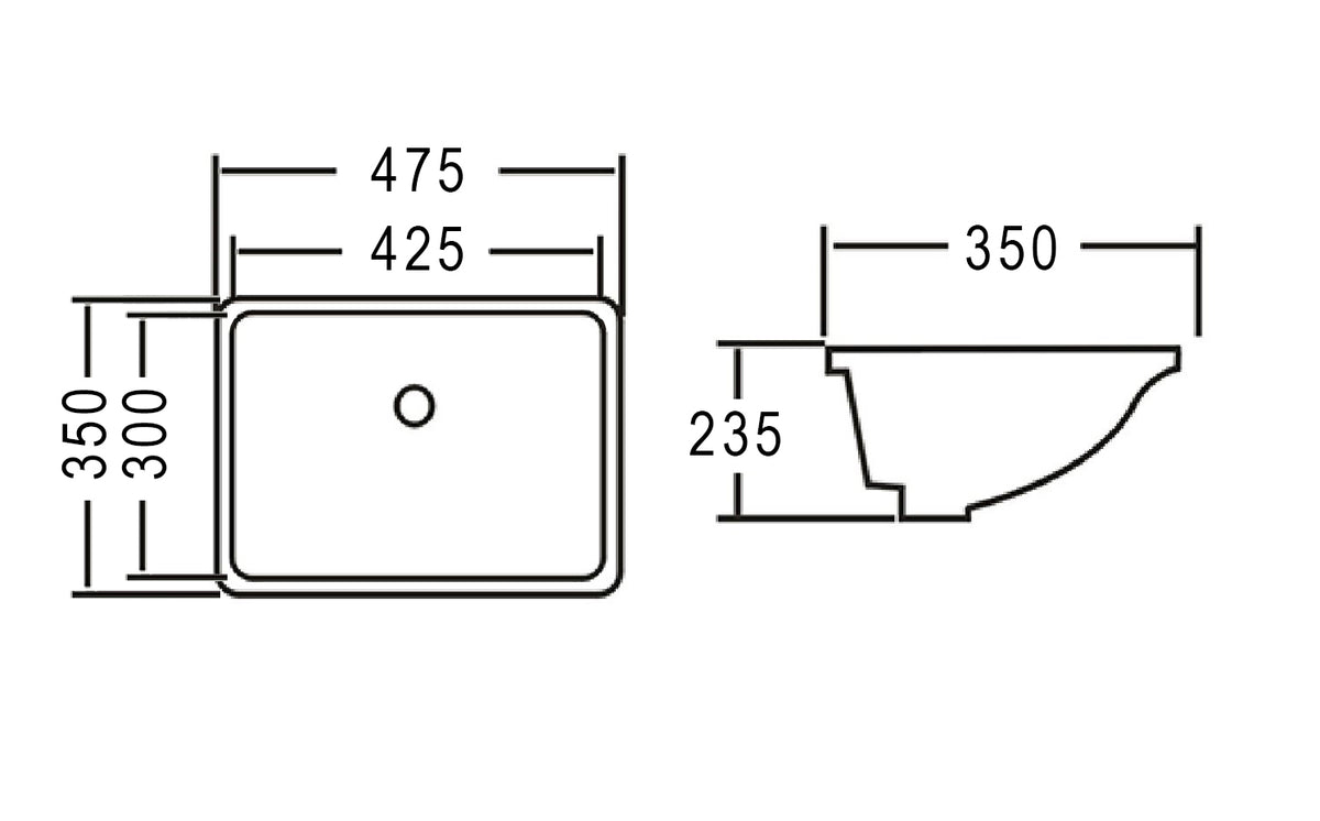 Undermount Square 475x350x235 Basin technical drawing