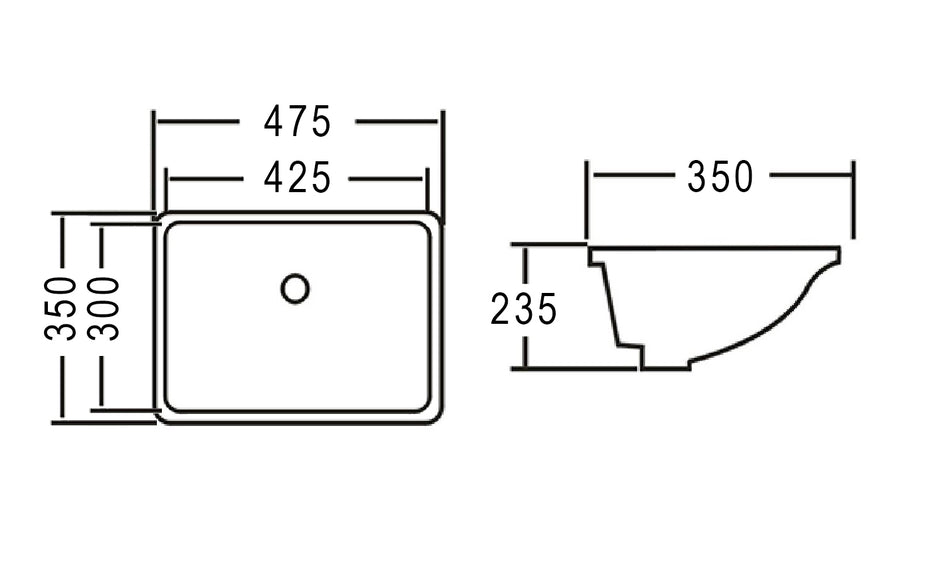 Undermount Square 475x350x235 Basin technical drawing