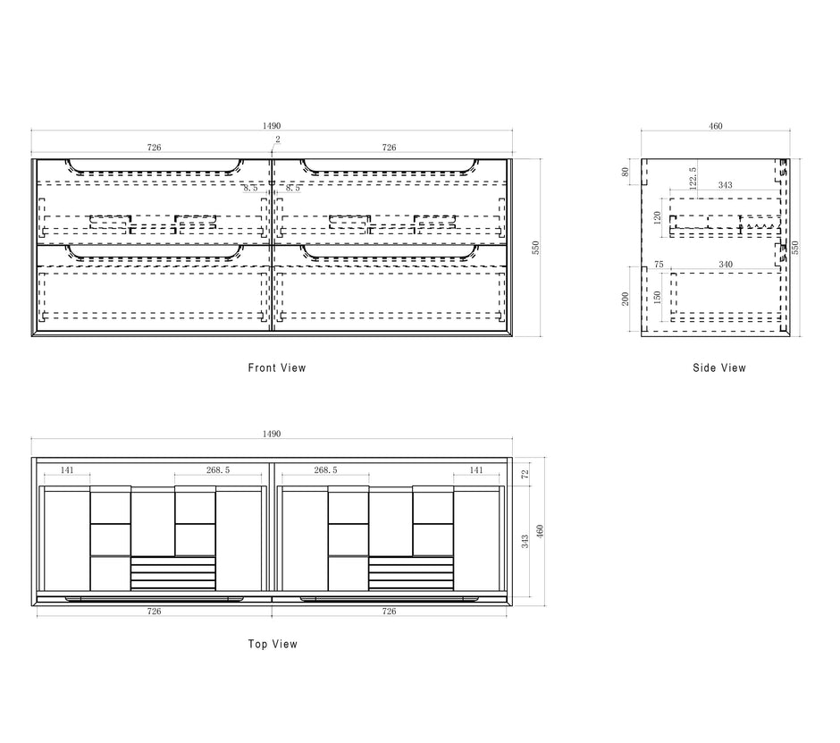 Byron 1500mm Natural Oak Wall Hung Vanity technical drawing