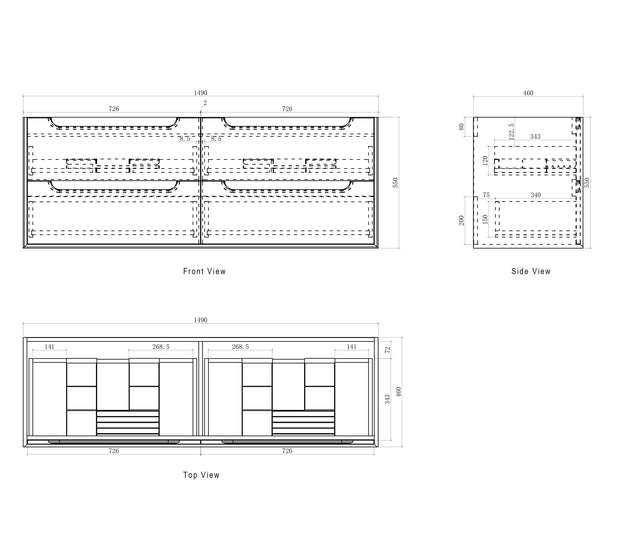 Byron 1500mm Natural Oak Wall Hung Vanity technical drawing