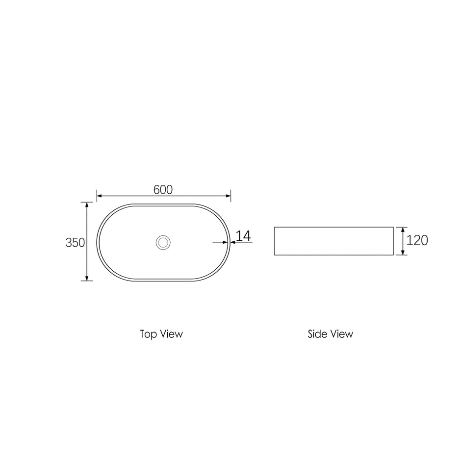 Clayton Oval 600x350x120 Concrete Linen Basin technical drawing