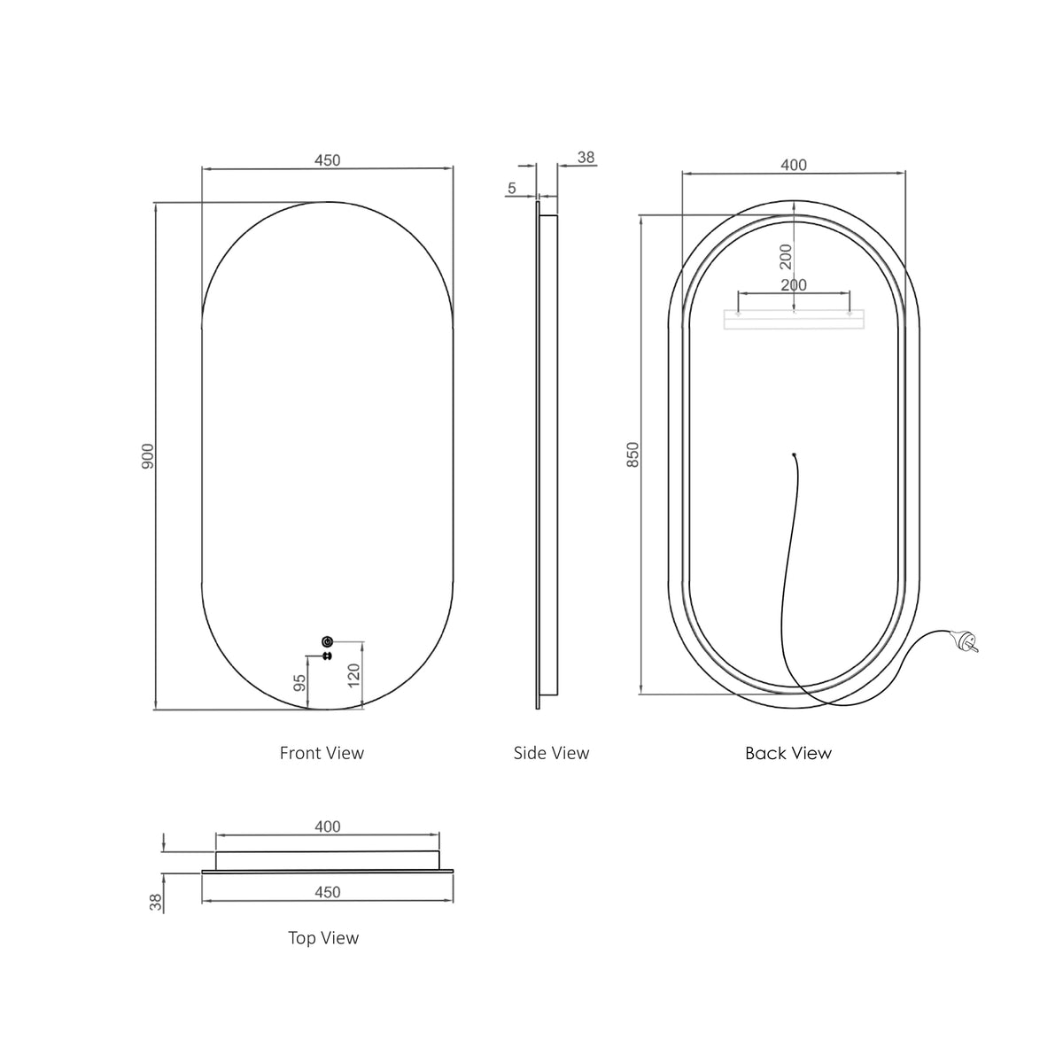 LED Noosa 900(H)x450(W) Frameless Tuffi Mirror technical drawing