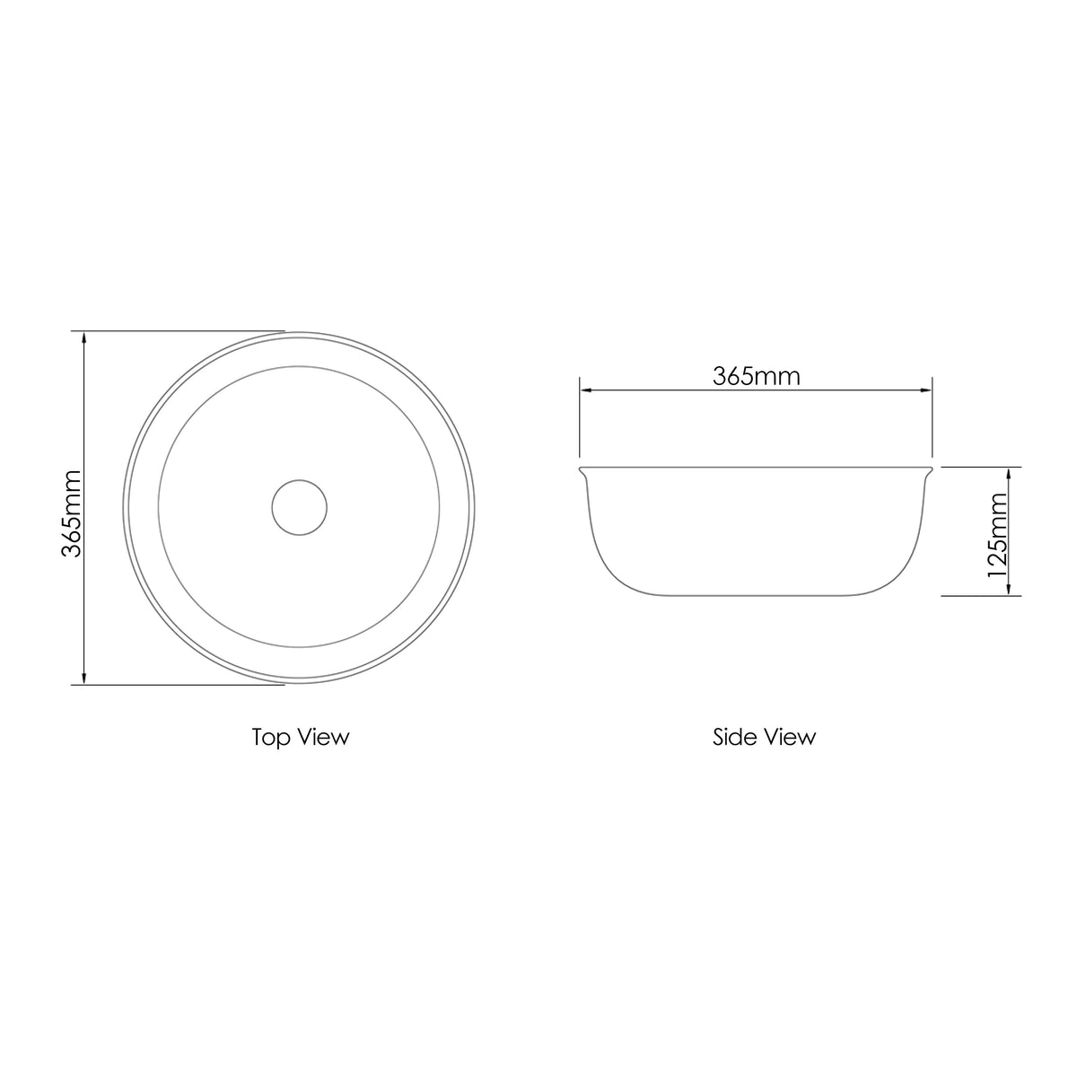 Bronte Round 360x360x130 Matte White Basin technical drawing