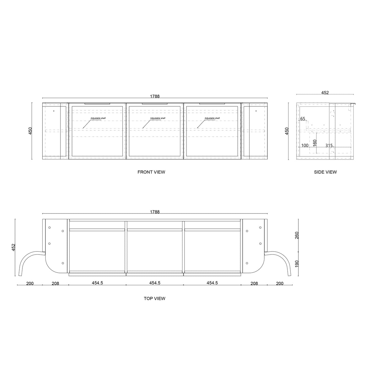 Hampshire 1800mm Satin White Wall Hung Curve Vanity technical drawing