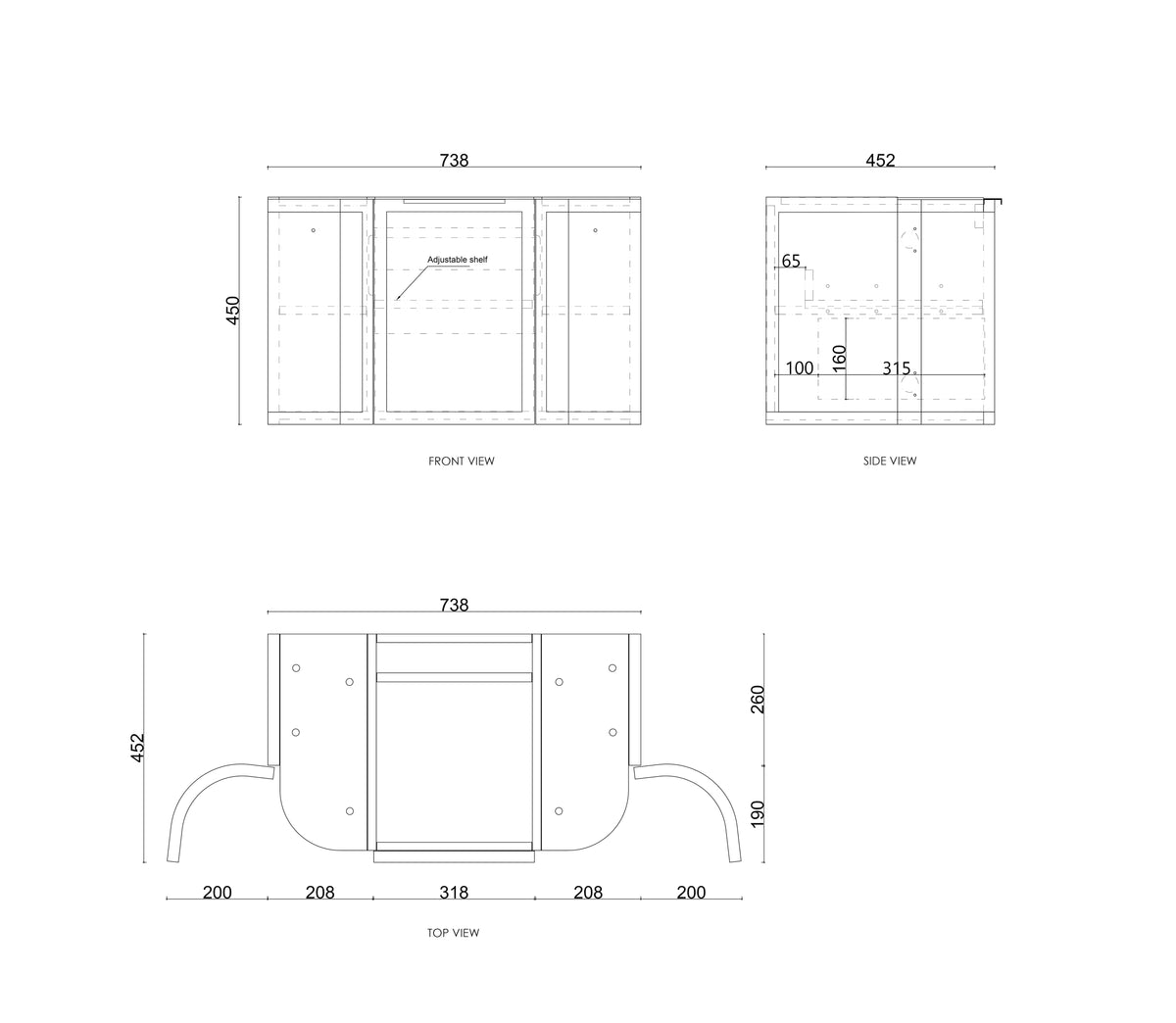 Hampshire 750mm Satin Black Wall Hung Curve Vanity (12TH & NTH Only) technical drawing