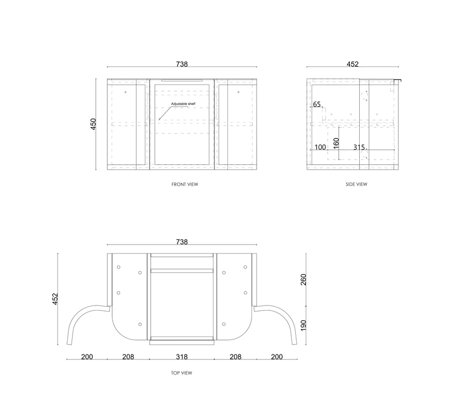 Hampshire 750mm Satin Black Wall Hung Curve Vanity (12TH & NTH Only) technical drawing