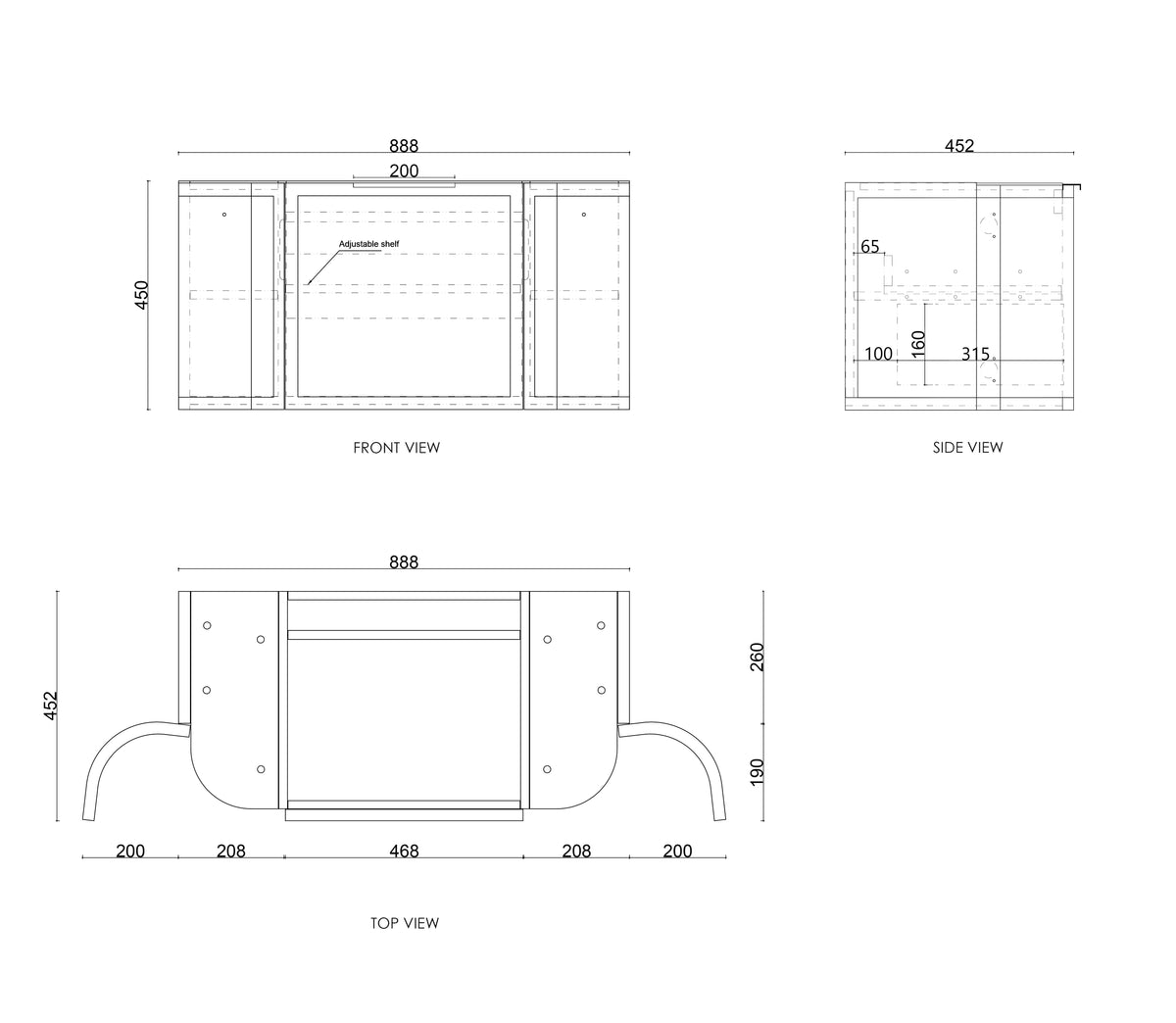 Otti Hampshire 900mm Satin Black Wall Hung Curve Vanity technical drawing